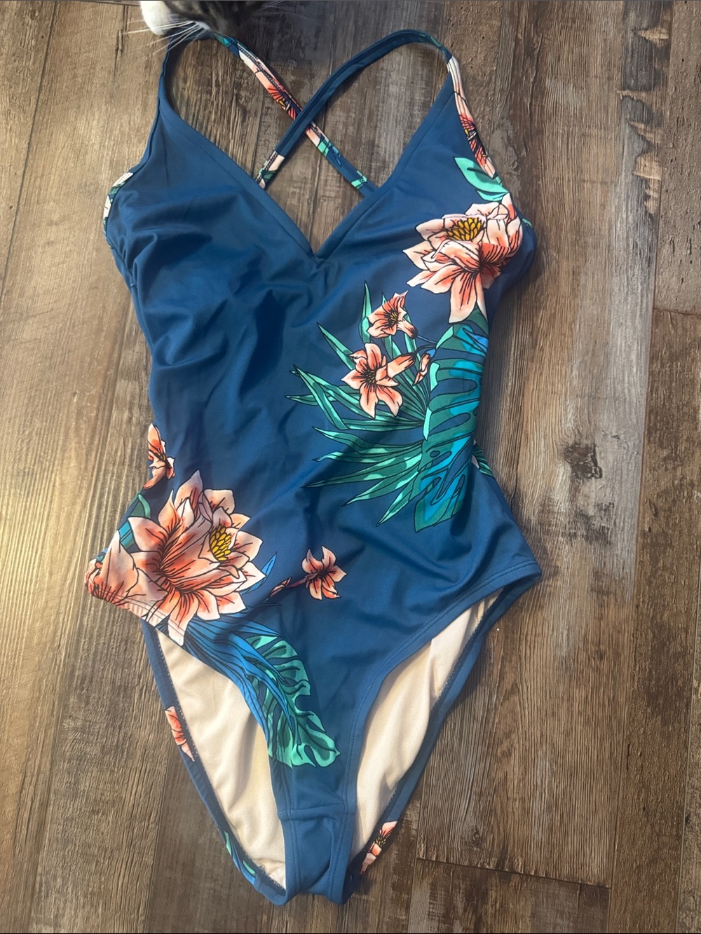 Kona Sol Blue Floral One-Piece Swimsuit with Coral Flowers